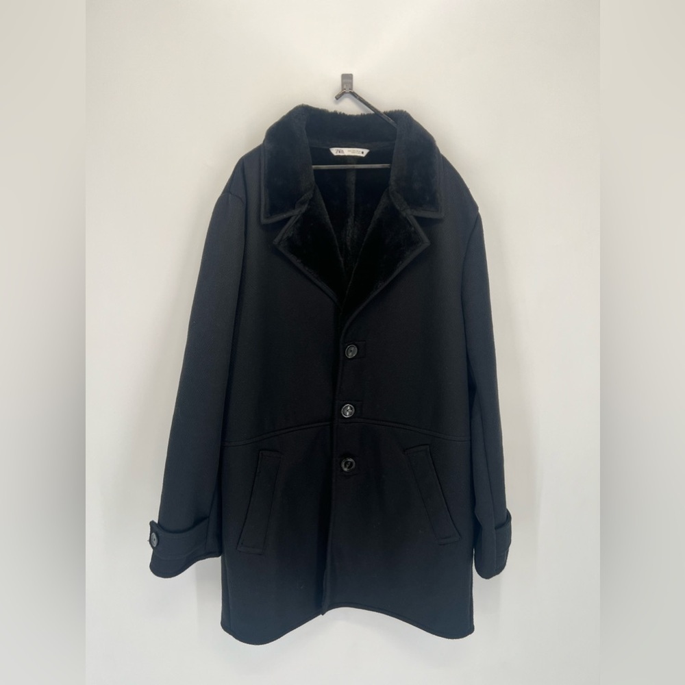 Zara Faux Fur Notch Collar Trim Lined Shearling Vintage Inspired Coat In Black